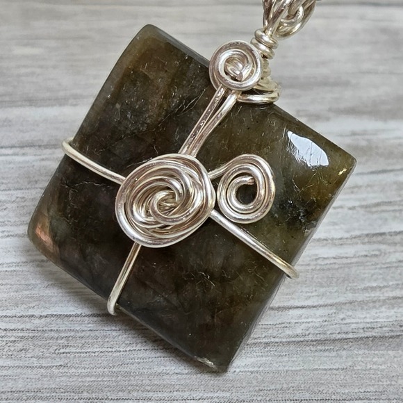Jewelry - Labradorite Wire Wrapped Pendant Necklace– Handmade Square Gemstone Boho Jewelry